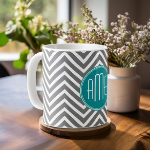 Teal Charcoal Chevrons Custom Monogram Coffee Mug