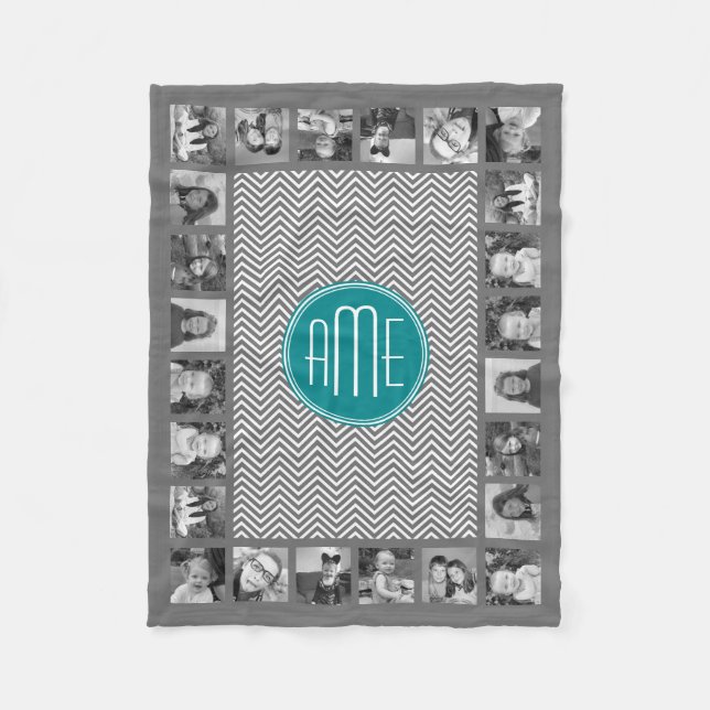 Teal Charcoal Chevrons Custom Monogram Fleece Blanket (Front)