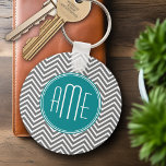 Teal Charcoal Chevrons Custom Monogram Key Ring<br><div class="desc">Blue and Grey - A bold art deco pattern in fresh,  cheerful colours. If you need to adjust the monograms,  click on the customise it button and make changes.</div>