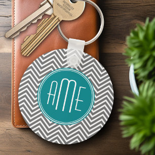 Teal Charcoal Chevrons Custom Monogram Key Ring