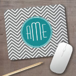 Teal Charcoal Chevrons Custom Monogram Mouse Pad<br><div class="desc">Blue and Gray - A bold art deco pattern in fresh,  cheerful colors. If you need to adjust the monograms,  click on the customize it button and make changes.</div>