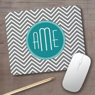 Teal Charcoal Chevrons Custom Monogram Mouse Pad