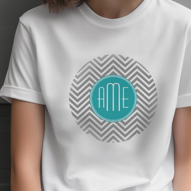 Teal Charcoal Chevrons Custom Monogram T-Shirt (Custom Photo T-shirt)