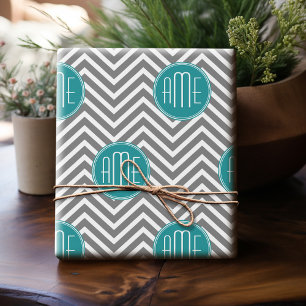 Teal Charcoal Chevrons Custom Monogram Wrapping Paper