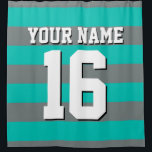 Teal Charcoal Sports Jersey Preppy Stripe Shower Curtain<br><div class="desc">Preppy Striped Team Jersey / Sports Jersey / Football Jersey / Rugby Jersey with Custom Name Customise this with your own name or team name and a number. You can change the size, colour and placement of the text if you need to make changes, change the colour of or remove...</div>