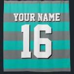 Teal Charcoal Sports Jersey Preppy Stripe Shower Curtain<br><div class="desc">Preppy Striped Team Jersey / Sports Jersey / Football Jersey / Rugby Jersey with Custom Name Customise this with your own name or team name and a number. You can change the size, colour and placement of the text if you need to make changes, change the colour of or remove...</div>