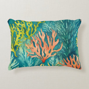 Teal Chartreuse Green Orange Coral Reef Beachy Decorative Cushion