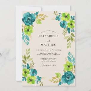 Teal Chartreuse Wildflower Wedding Invitation