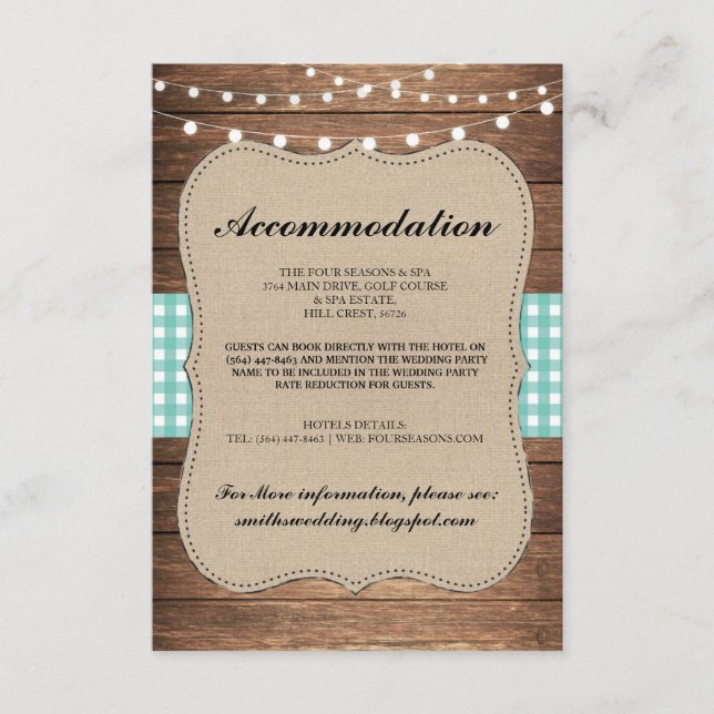 Teal Check Rustic Accommodation Wood Wedding Cards (Front)