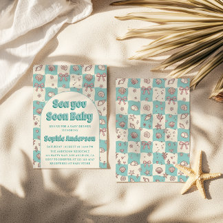 Teal Chequerboard Seashell Bow Baby Shower Invitation