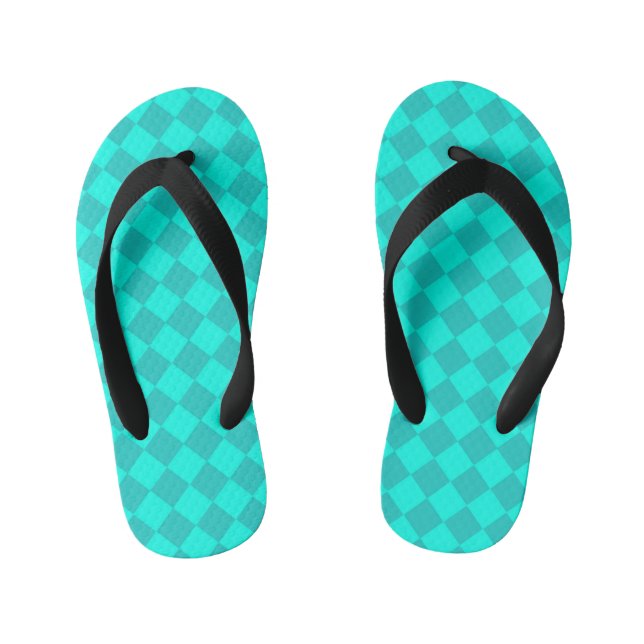 Teal Chequered Diamond Pattern  Kid's Jandals (Footbed)