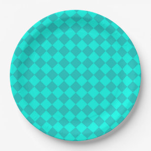Teal Chequered Diamond Pattern Paper Plate