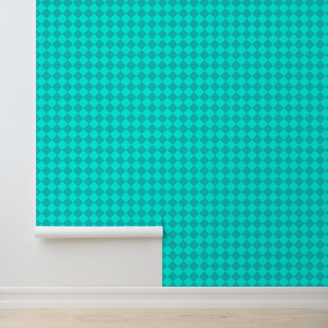 Teal Chequered Diamond Pattern Wallpaper (Application)