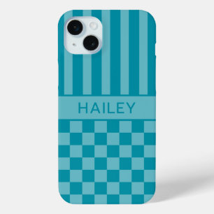 Teal Chequered Striped Personalised Case
