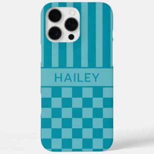 Teal Chequered Striped Personalised iPhone 16 Pro Max Case