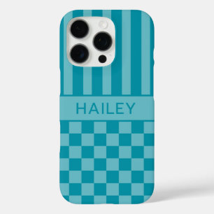 Teal Chequered Striped Personalised iPhone 16 Pro Case