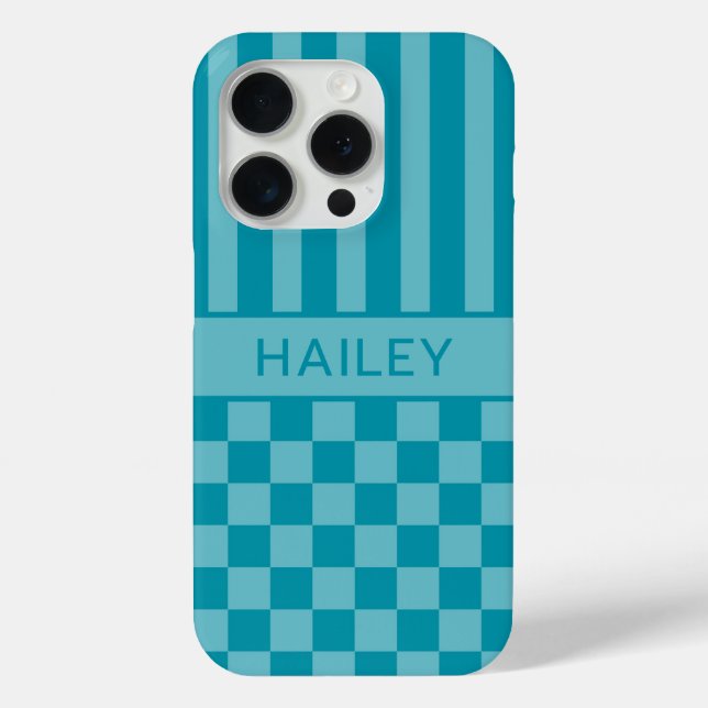 Teal Chequered Striped Personalised Case-Mate iPhone Case (Back)