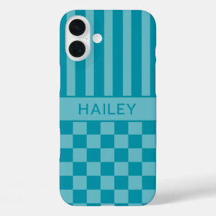 Teal Chequered Striped Personalised iPhone 16 Plus Case