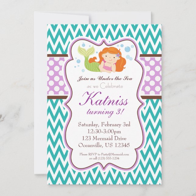 Teal Chevron and Purple Polka Dot Mermaid Birthday Invitation (Front)