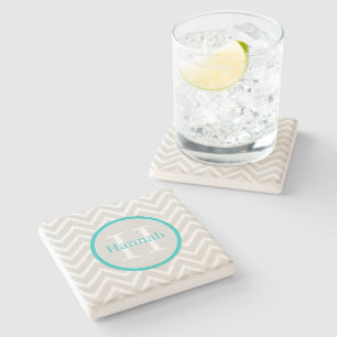 Teal Chevron Monogram Stone Coaster