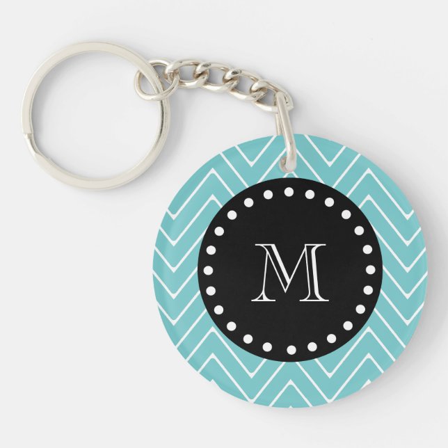 Teal Chevron Pattern | Black Monogram Key Ring (Front)