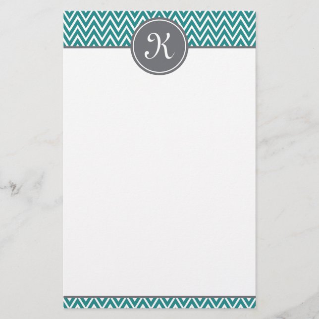 Teal Chevron Pattern Grey Monogram Stationery (Front)