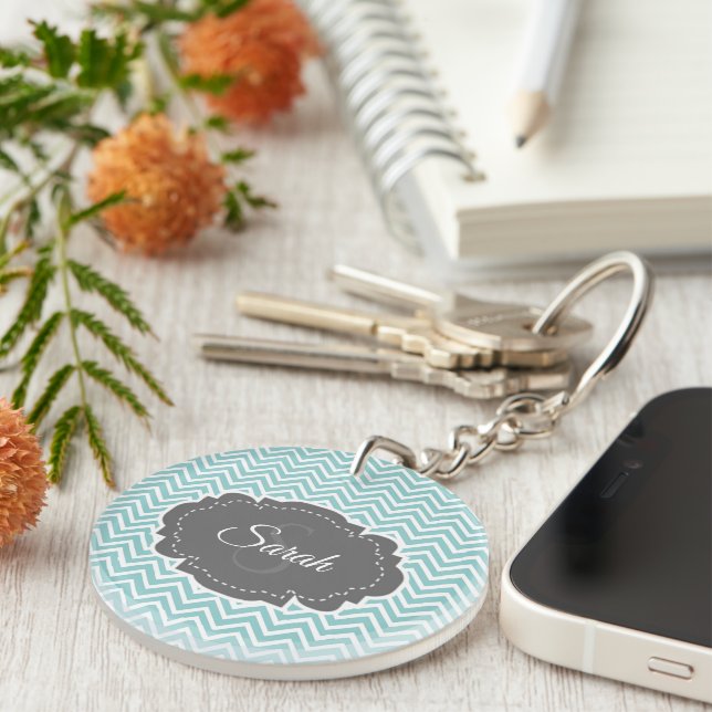 Teal Chevron Personalise Acrylic Keychain (Front Right)