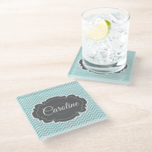 Teal Chevron Personalised Glass Coaster