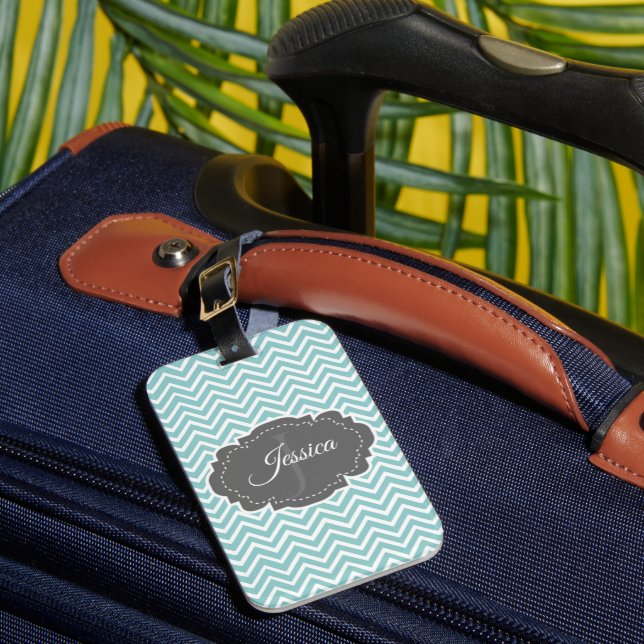 Teal Chevron Personalised Luggage Tag (Front Insitu 1)