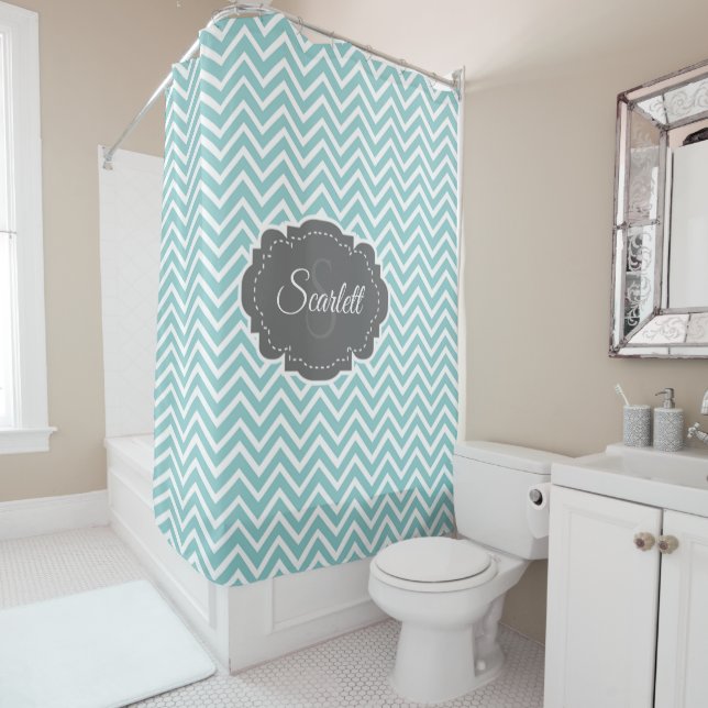 Teal Chevron Personalised Shower Curtain (In Situ)