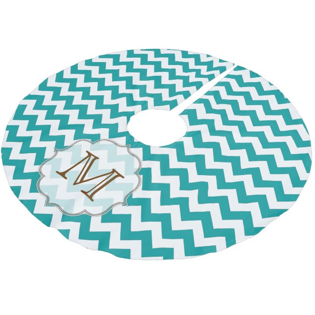 Teal Chevron Stripe Monogram Initial Tree Skirt (Angled)