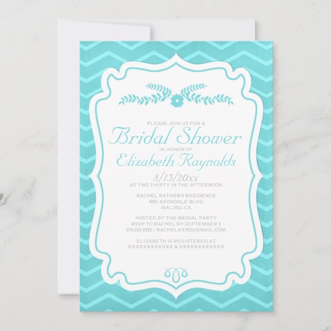 Teal Chevron Stripes Bridal Shower Invitations (Front)