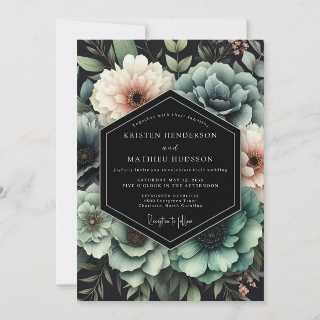 Teal Chiaroscuro Bloom Wedding Invitation (Front)