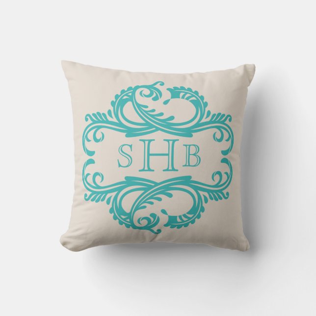 Teal Chic Damask Monogram Pillow (Front)