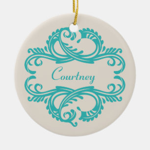 Teal Chic Damask Ornament