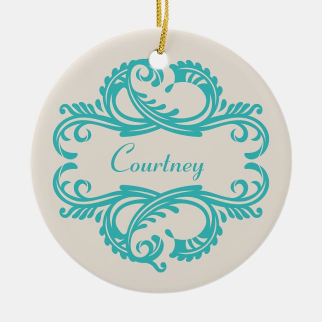 Teal Chic Damask Ornament (Front)