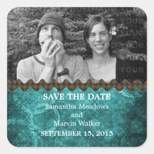Teal Chic Steampunk Photo Save the Date Stickers