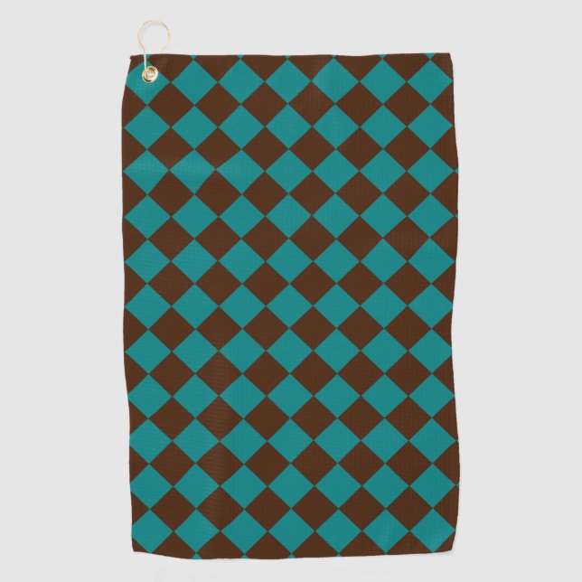 Teal Chocolate Brown Chequered Diamond Pattern Golf Towel (Front)