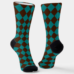 Teal Chocolate Brown Chequered Diamond Pattern Socks