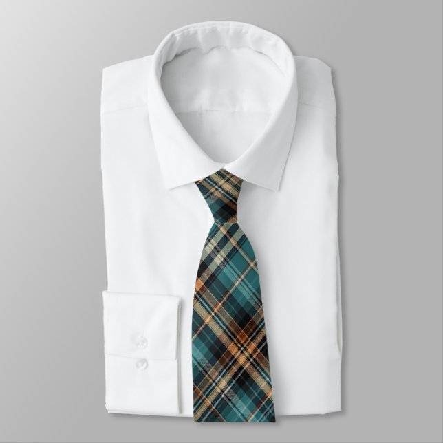 Teal & Chocolate Plaid  Tie (Tied)
