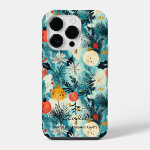 Teal Christmas Florals with Red and Gold Ornaments iPhone 14 Pro Case