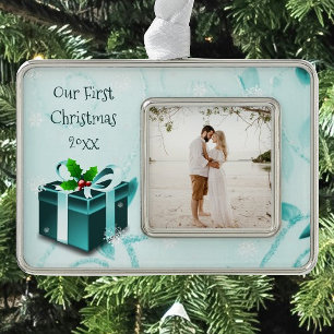 Teal Christmas Gift Framed Ornament
