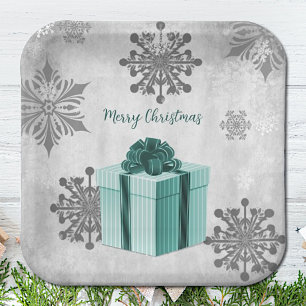 Teal Christmas Gift Paper Plate
