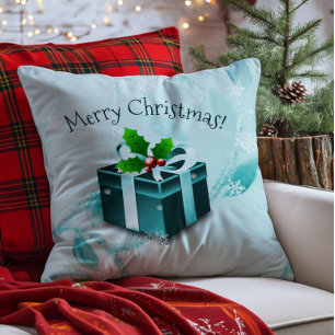 Teal Christmas Gift Throw Pillow