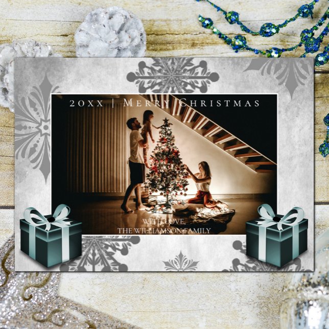 Teal Christmas Gifts and Snowflakes Photo Card (Teal Christmas Gifts and Snowflakes Holiday Photo Card)