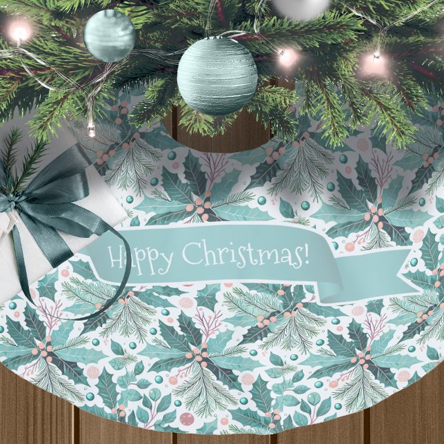 Teal Christmas Holly Berries Pattern#17 ID1009 Brushed Polyester Tree Skirt (Creator Uploaded)