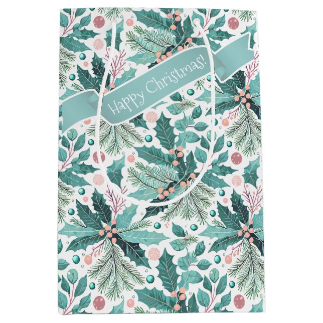 Teal Christmas Holly Berries Pattern#17 ID1009 Medium Gift Bag (Front)