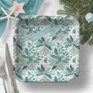 Teal Christmas Holly Berries Pattern#17 ID1009 Paper Plate