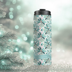 Teal Christmas Holly Berries Pattern#17 ID1009 Thermal Tumbler
