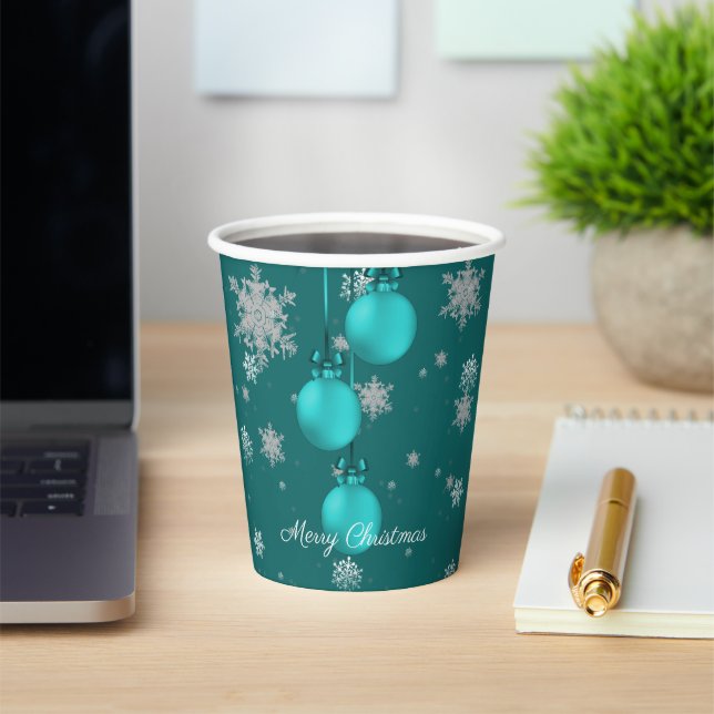 Teal Christmas Ornaments Paper Cup (Insitu)